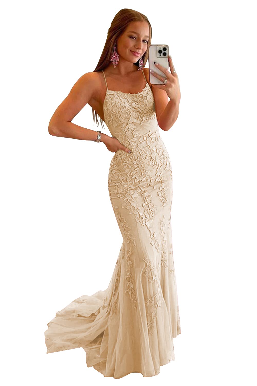 Clothfun Women's Long Lace Prom Dresses Mermaid Spaghetti Straps Backless Formal Evening Gowns