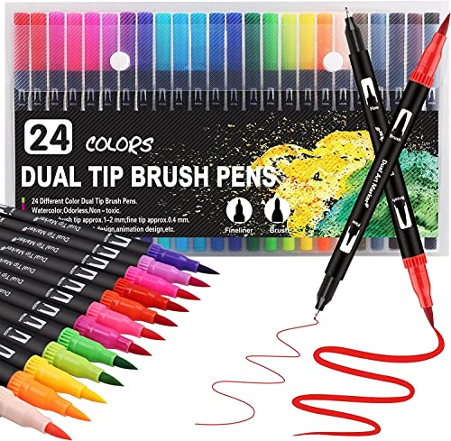 Corslet 24 Colors Dual Tip Watercolor Brush Markers | Fine Liner ...