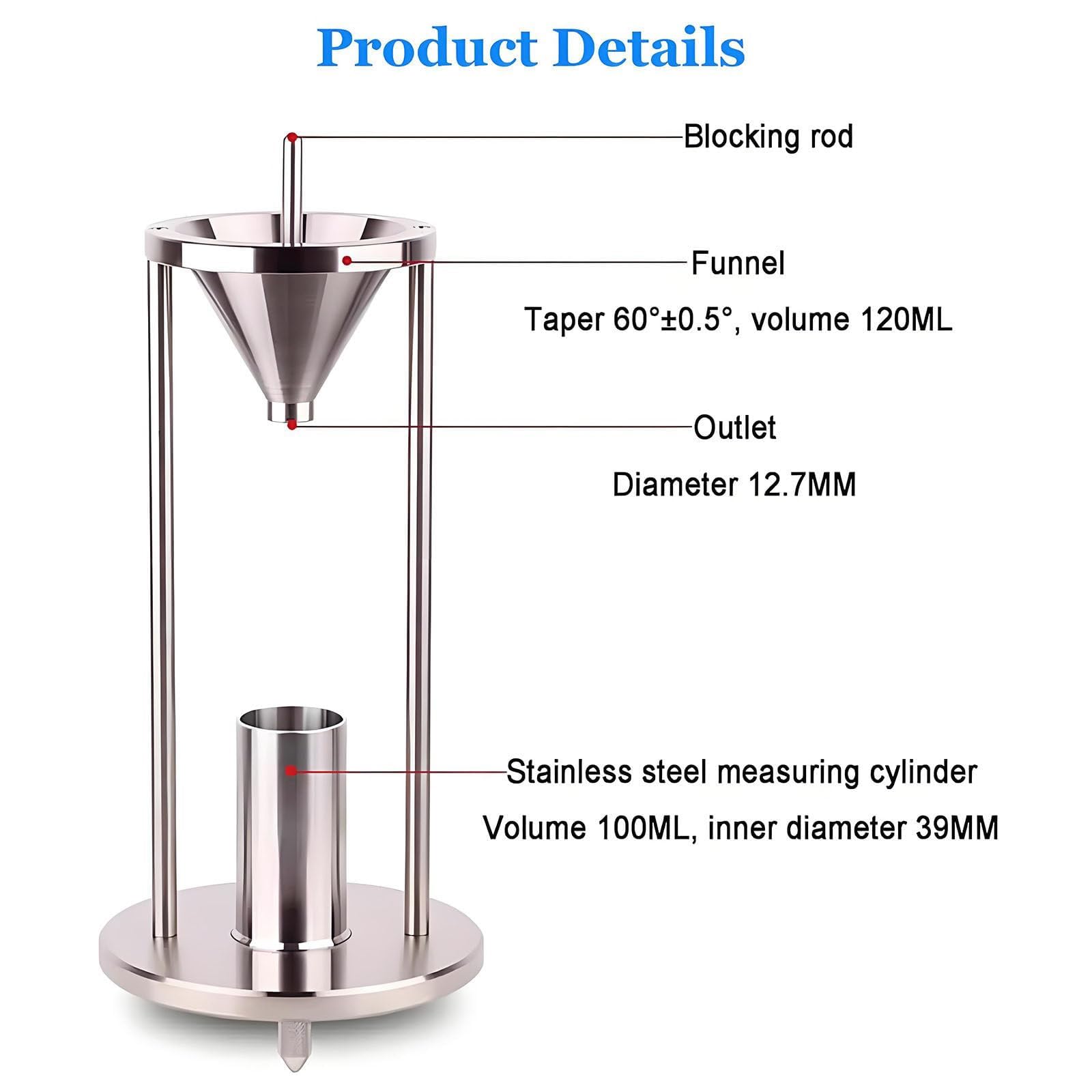 Medidor de densidad aparente para polvos, medidor de densidad de apilamiento natural con raspador y cepillo, de acero inoxidable, con abertura de embudo de 12,7 mm de diámetro