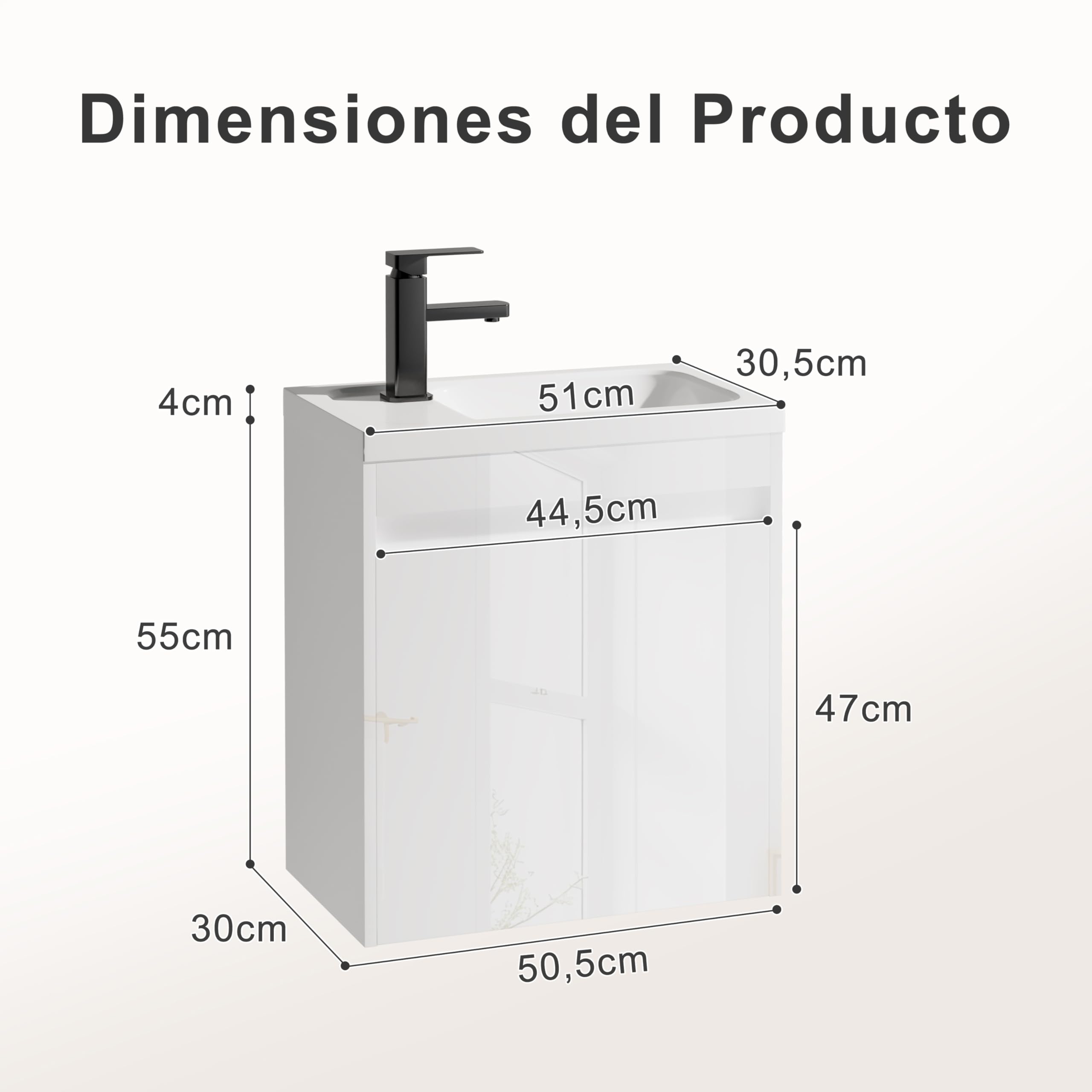 UEV Mueble de Baño Suspendido de 50 cm con Lavabo de Resina, Juego de Mueble de Baño 3 en 1 con Grifo Eficaz, Desagüe Pop-UP, Mueble con Amplio Espacio de Almacenaje