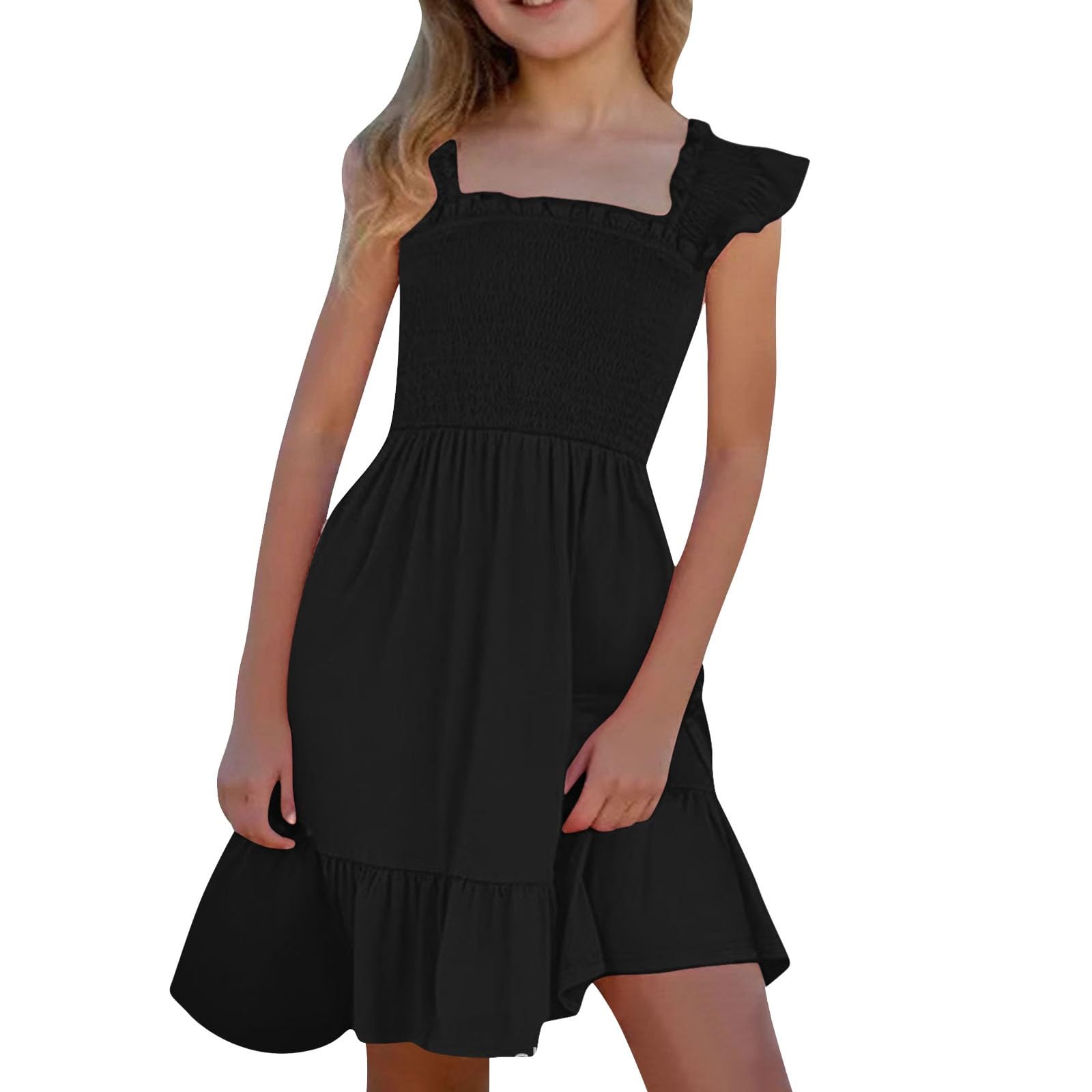 Cokbyavla Big Girls Dress Cute Size 8, Junior Bridesmaid Dress Tween Beach Midi Long Girls Black Shirt Toddler Boho 4T Teen Formal Sparkle Dr(100Black,13-14 Years)