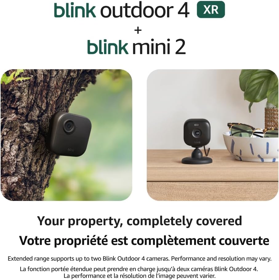 Blink Outdoor 4 XR + Mini 2 — Wireless and plug-in security cameras, extended range. Sync Module XR included — 4 camera system + Mini 2 (Black)