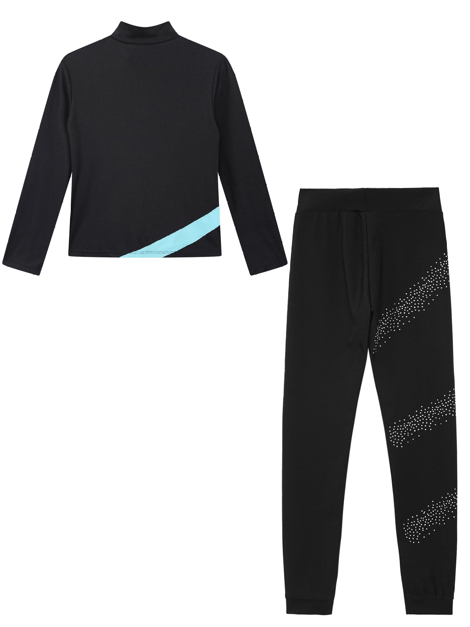 Jydiazi Mädchen Eiskunstlauf Anzug Glitzer Strass Jacke Leggings Colorblock Kinder Eislaufen Tanzanzug Set Hellblau 158-164