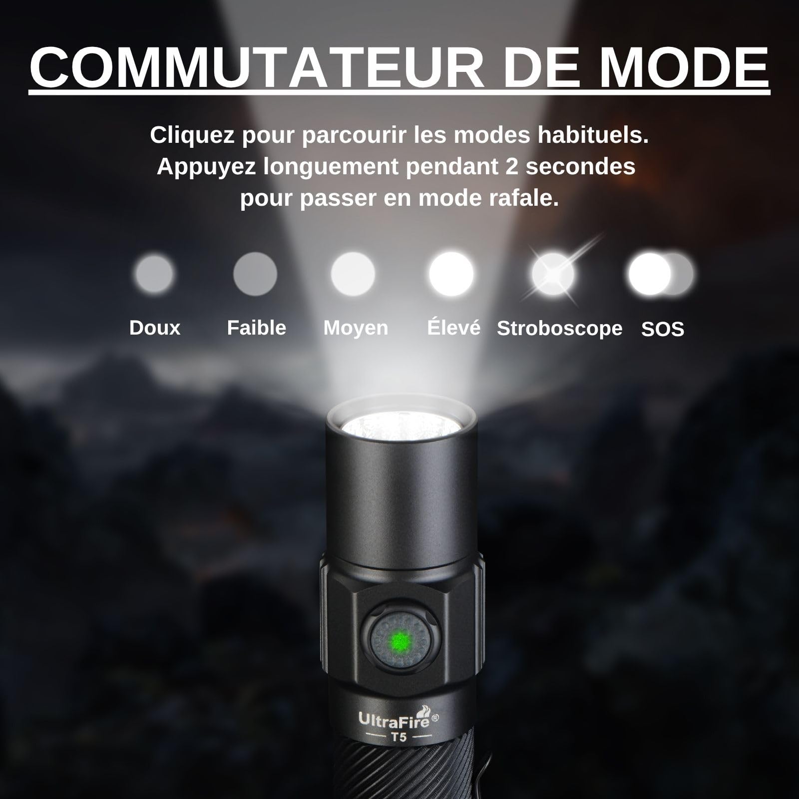 ULTRAFIRE Lampe torche tactique T5 avec batterie, 1800 lumens haute luminosité, lampe de poche de police avec double interrupteur, petite lampe de poche USB-C pour activités extérieures et intérieures