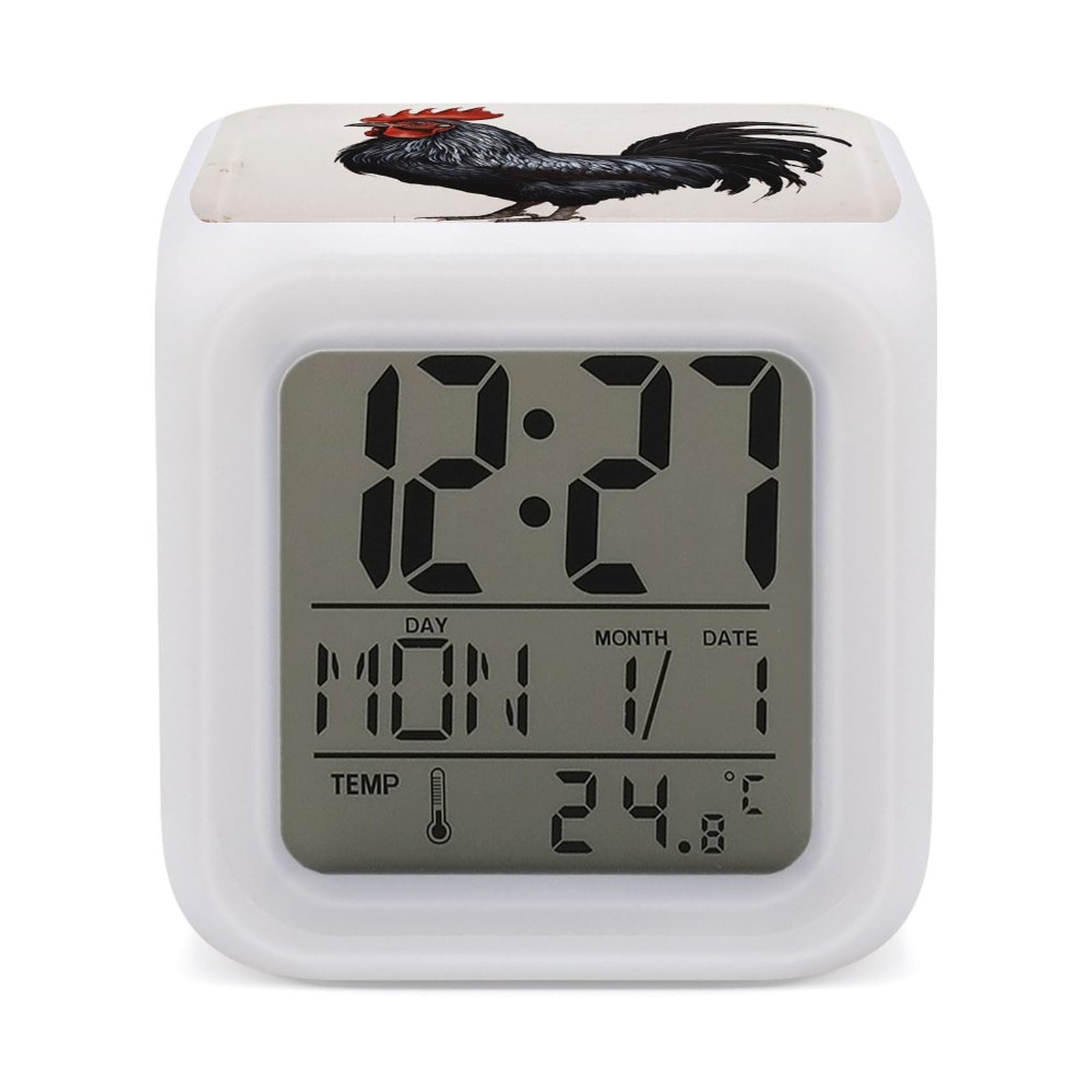 VstaDank Black Rooster Alarm Clock for Bedrooms Small Clocks with 7 Color Night Light Desk Clock with Large Numbers Loud Wake Up Timer Ideal for Gift & Room Decor