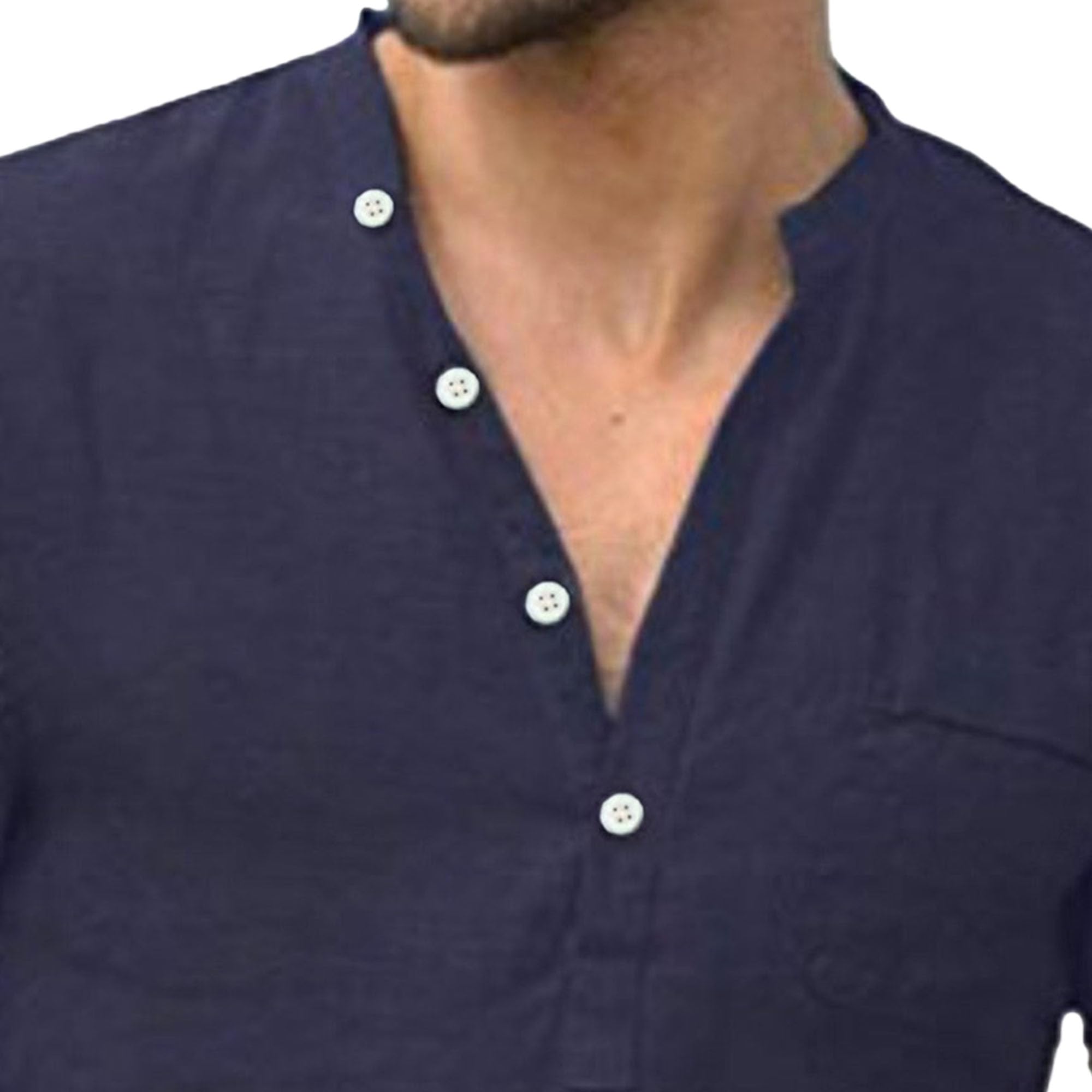 Men Half Button Thin Street Shirt Classic Stand Collar Simple Style T Shirts Summer Solid Front Pocket Daily Tops (Dark Blue,Medium)