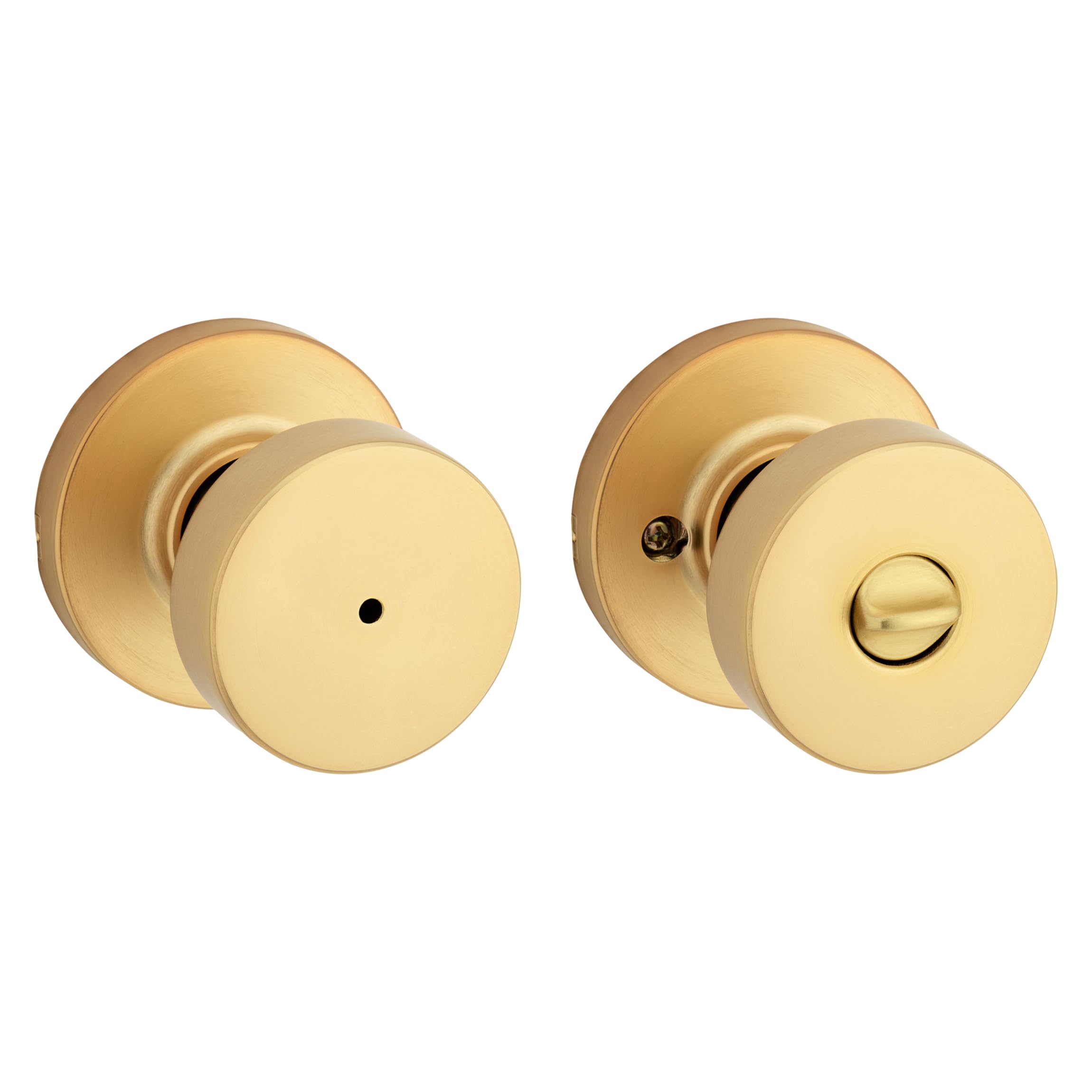Kwikset Pismo Interior Privacy Door Knob with Lock, Door Handle for Bathroom and Bedroom, Satin Brass, Round, Keyless Turn Lock Doorknob, Microban Protection