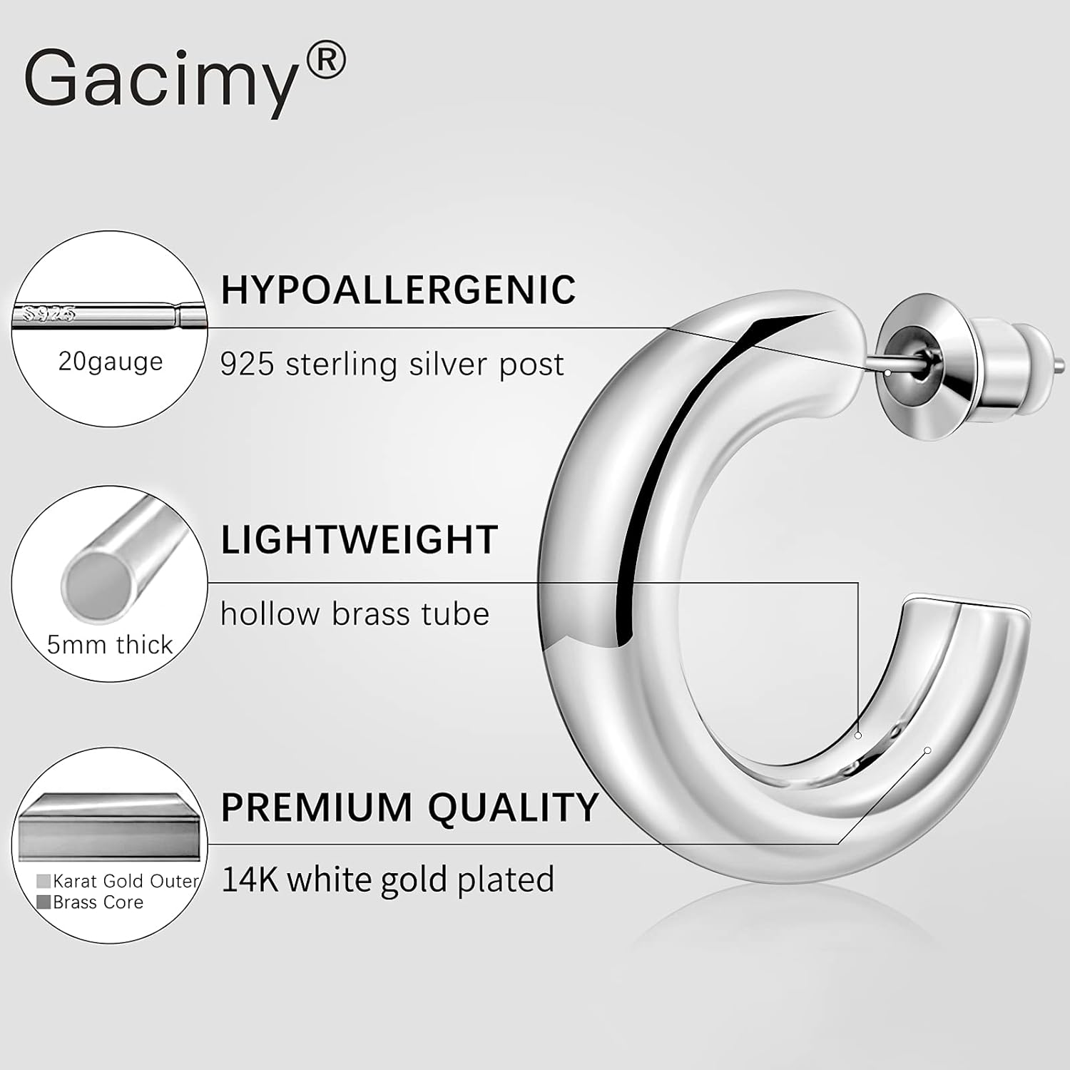 Gacimy Chunky Hoop Earrings for Women 14K Gold Plated, 925 Sterling Silver Post Hoops for Women - Image 2