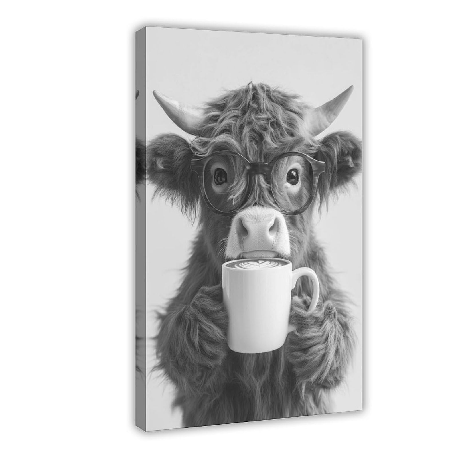 Ncudank Highland Cattle Drinking Coffee Canvas Poster Bedroom Decor Landscape Office Room Decor Gift 12X18inch(30X45cm)