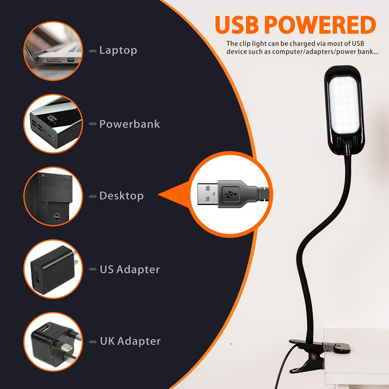 Clip Lights,USB Powered Clip On LED Desk Lamp,Eye Caring Dimmable 8w Bedside Book Light for Reading in Bed,40cm Long Gooseneck Clamp Lamp for Dorm/Lash/Gaming/Puzzle Art Drawing(Adapter Included) - Image 2