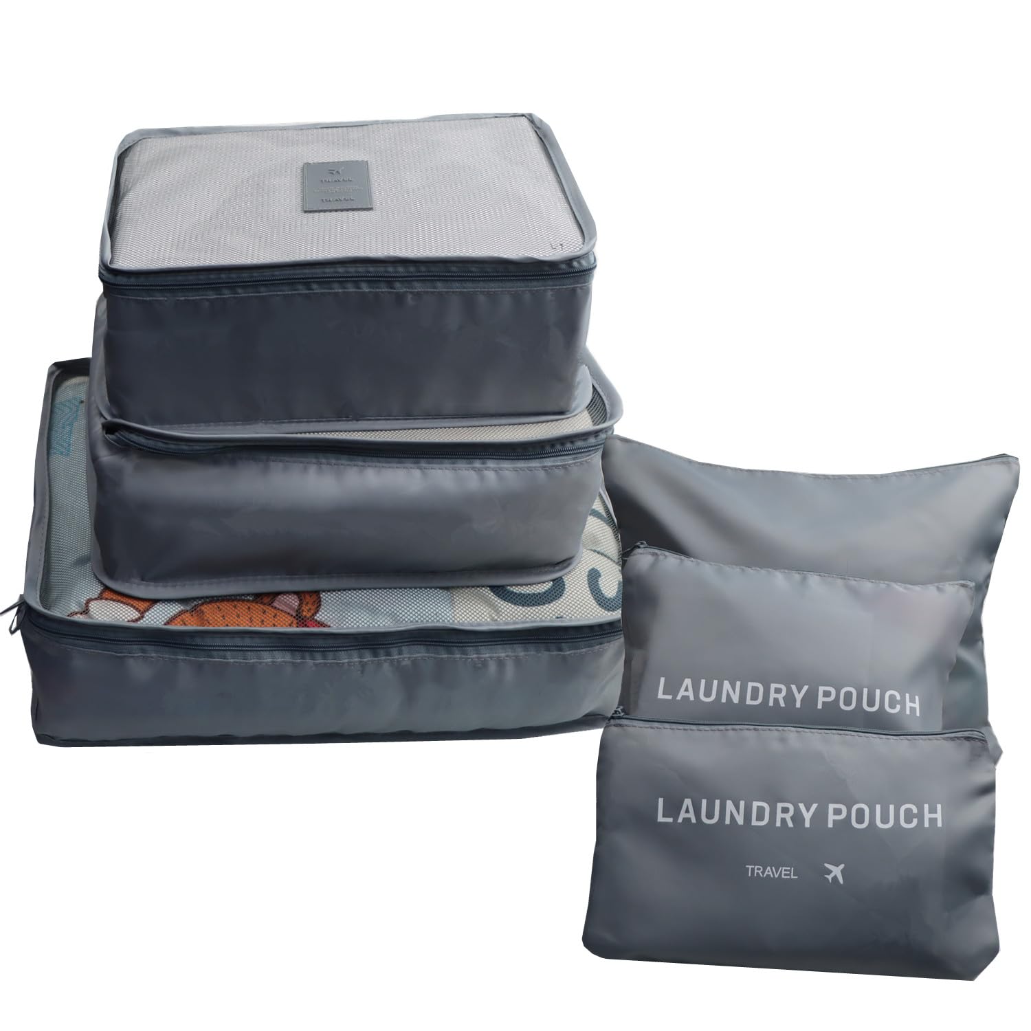 Gbateri 6 PCS Packing Cubes for Carry on Luggage - Travel Packing Organizers Set, Grey Polyester Mesh & Laundry Bags with Double Zipper & Portable