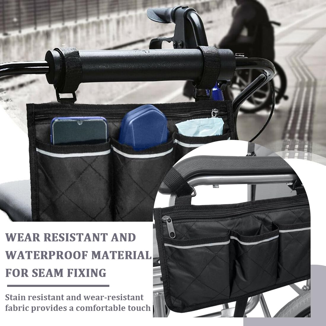 Sedie a rotelle, scooter disabili e accessori,Borsa portaoggetti per passeggino, striscia riflettente, borsa portaoggetti laterale per bracciolo sedia a rotelle