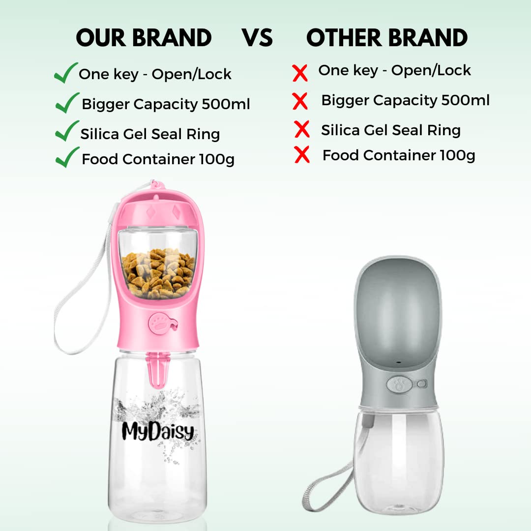 MYDAISY Nadaje się do mycia w zmywarce, 550 ml, z pojemnikiem na karmę 100 g, szczelna butelka na napoje, nadaje się dla psów i szczeniąt, akcesoria dla psów na wynos