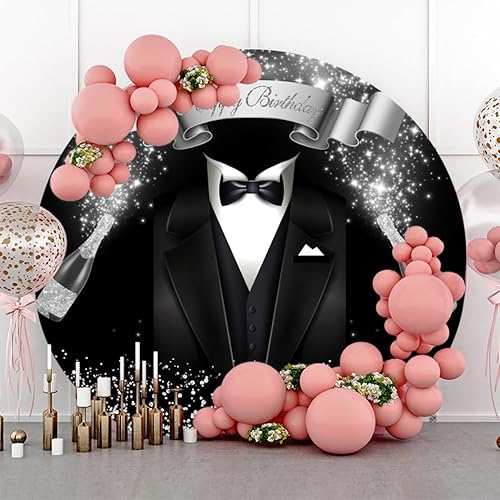 Miniatura 2 de YongFoto Gentleman - Cubierta redonda de fondo de esmoquin negro para cumpleaños de 6.5 pies, color blanco y negro, traje de pajarita color champán,