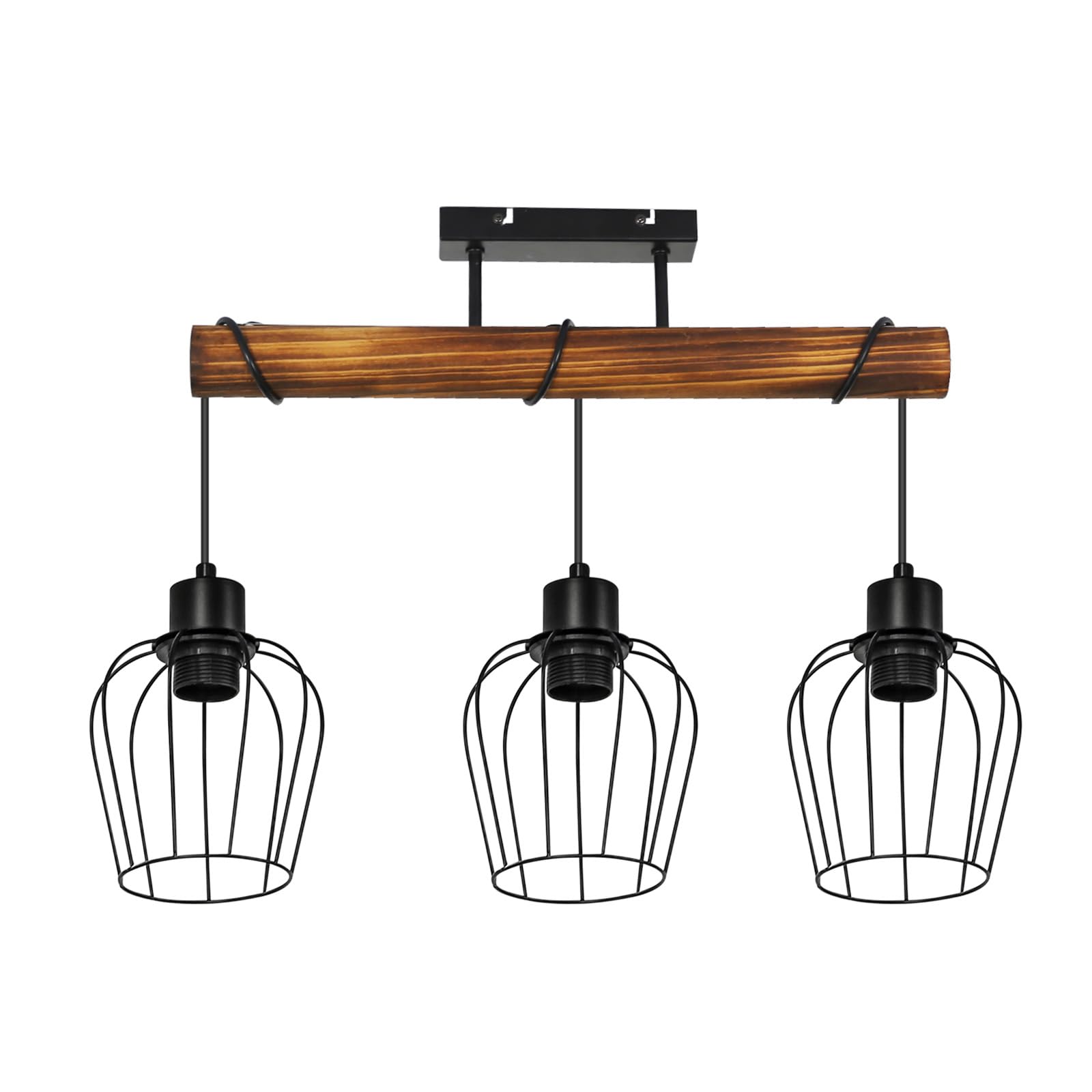 ZMH Lampa sufitowa do salonu, w stylu vintage, drewniana: lampa do salonu, czarna, 3 źródła światła, w stylu industrialnym, E27, lampa kuchenna z metalu, do kuchni, jadalni, restauracji, bez źródła