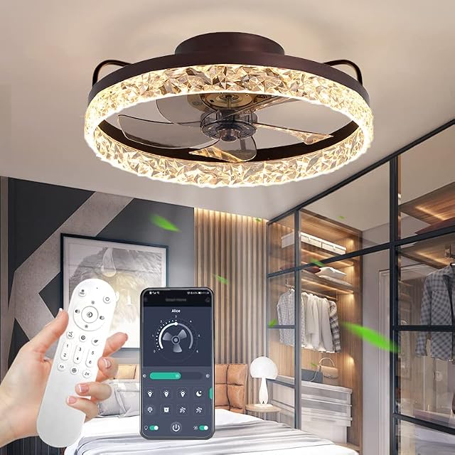 30W Ceiling Fan with Light, Dimmable Ceiling Fan Lamps with Remote Control & Bluetooth APP , 3 Color Temperature & 6 -Wind Speed Ceiling Fan Light for Bedroom Living Room (Ø50cm Coffee Gold)