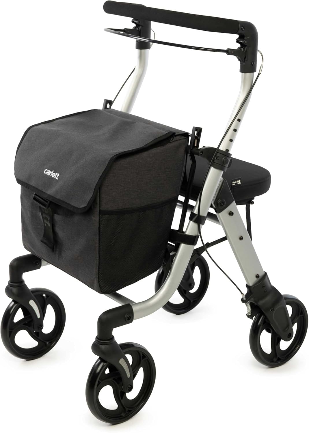 Carlett Andador con Asiento Plegable y Bolsa Extraíble, Producto Médico Homologado EU, Ruedas Grandes 20 cm, Freno de Parking y Manillar Regulable, Ideal para Interior y Exterior, Lett Walk, Negro