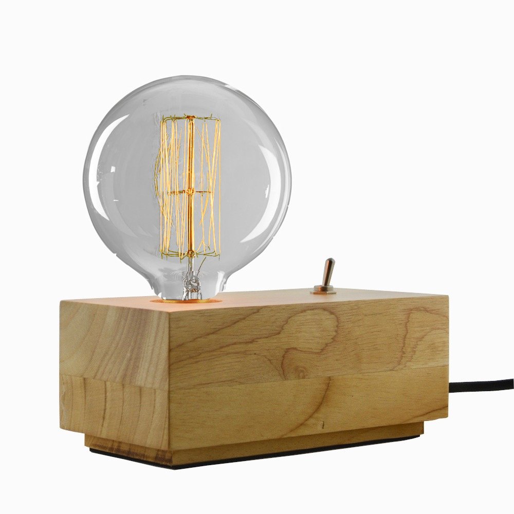 Modern Oak Wood Base Table Light with E27 Retro Filament Edison Bulb with Retro Pin Toggle Switch