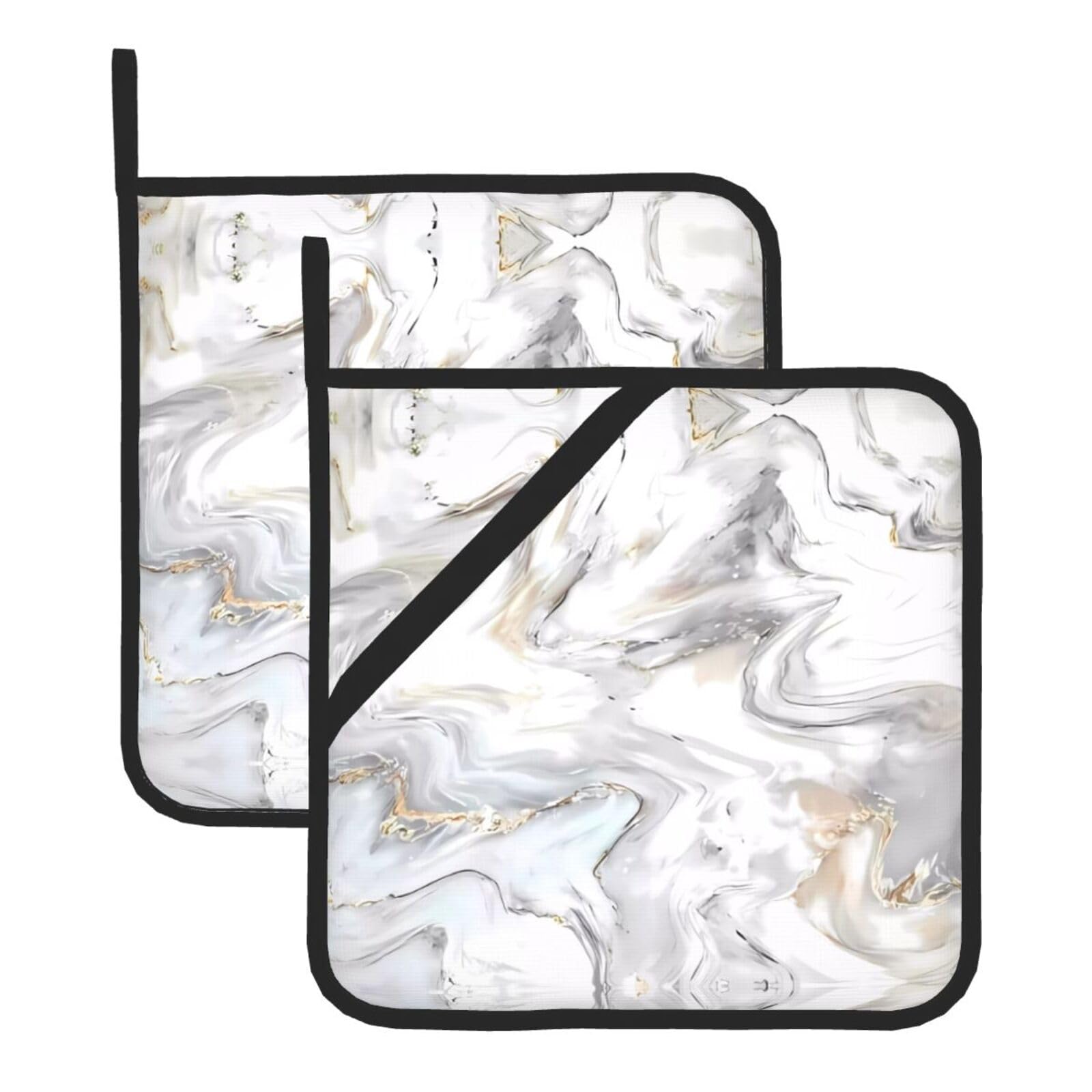 WHJSHOP yellow marble Prints Square Hot Pads for Kitchen - Waterproof Pot Covers with Hanging Loops - Thick Heat Resistant Trivets for Serving & BBQ, 2-Piece Set