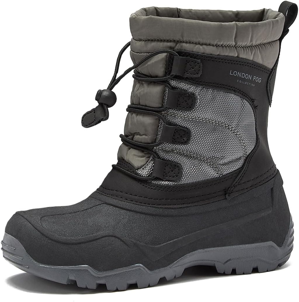 LONDON FOG Kenji Snow Boots for Kids - Insulated Waterproof Winter Snow Boots for Boys and Girls - Black/Dark Grey