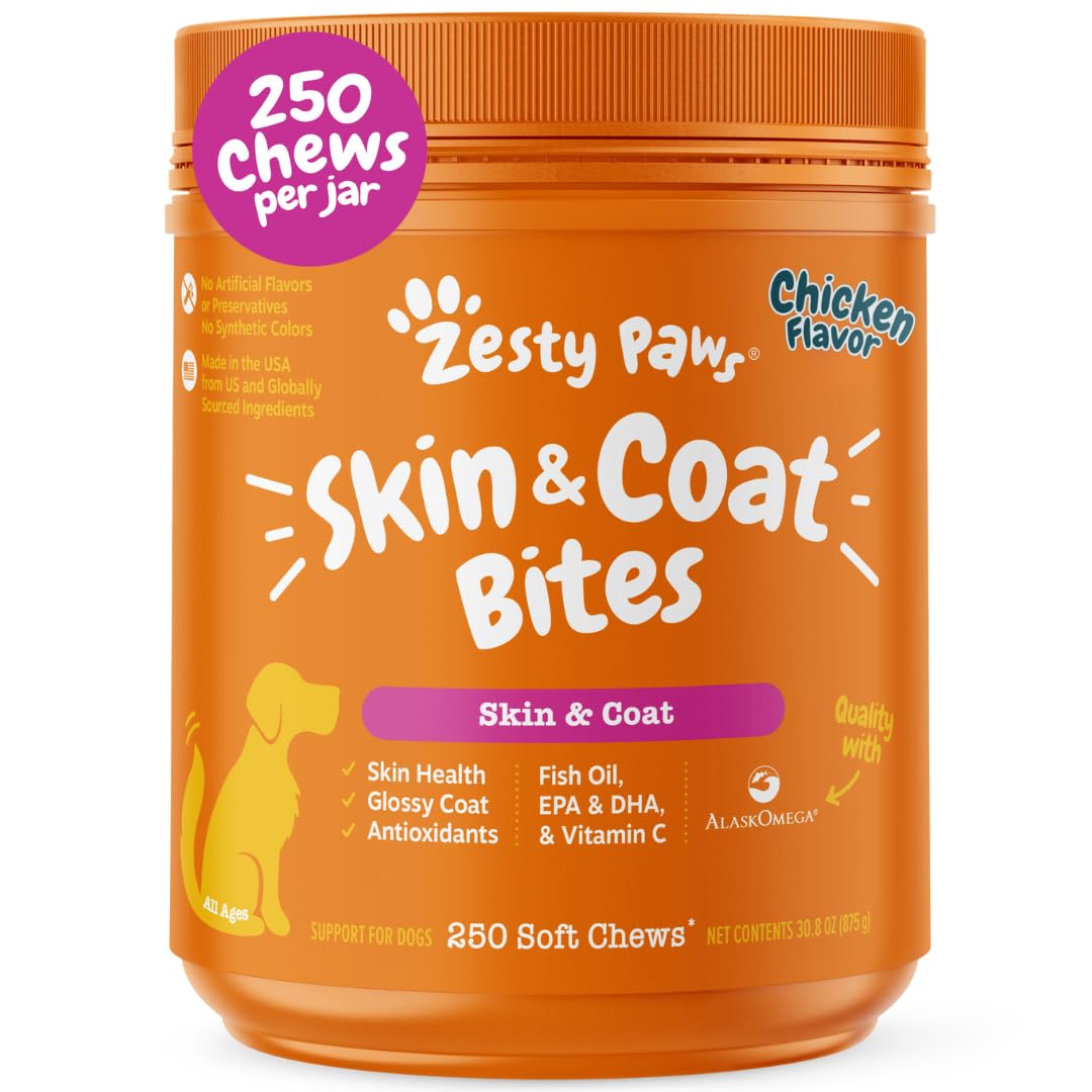 Zesty Paws Omega 3 Fish Oil for Dogs - Zesty Paw Dog Vitamins and Supplements for Hip, Joint & Skin, Chicken (250 Chews)