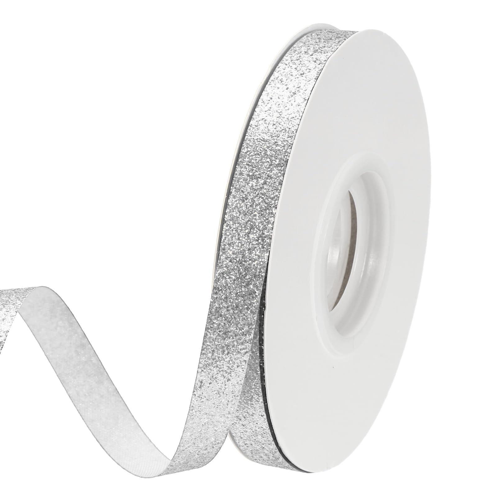 PATIKIL Silver Metallic Glitter Ribbon Roll, 3/8 Inch x 25 Yards Sparkly Ribbon Single Sided Cut Edge Design Gift Wrapping Fabric Rolls for DIY Crafts Wedding Party Home Decor