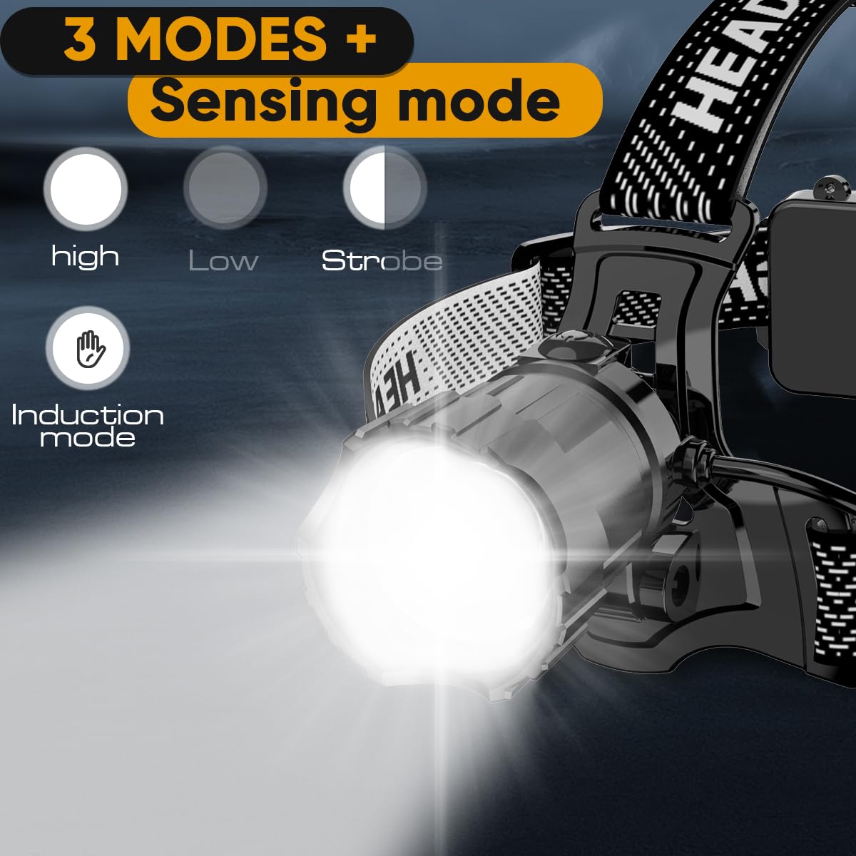 Lampada frontale a LED, ricaricabile, USB, estremamente luminosa, 10000 lm, 3 modalità, ricaricabile, con sensore, IP65, impermeabile, con angolo di 90°, regolabile per la pesca e la corsa