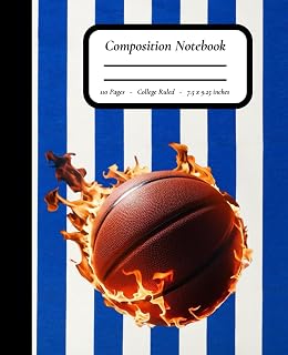 Heat Check: Flaming Basketball Over Blue & White Stripes – 110 College-Ruled Pages, Matte Cover, 7.5" x 9.25"