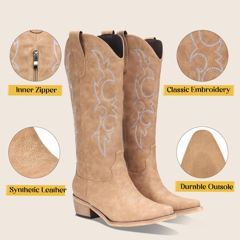 Women's Knee High Cowboy Boots for Women- Pointed Toe Cowgirl Boots Women with Side Zipper & Classic Embroidery Designs Ideal for Worker for Country Concert4