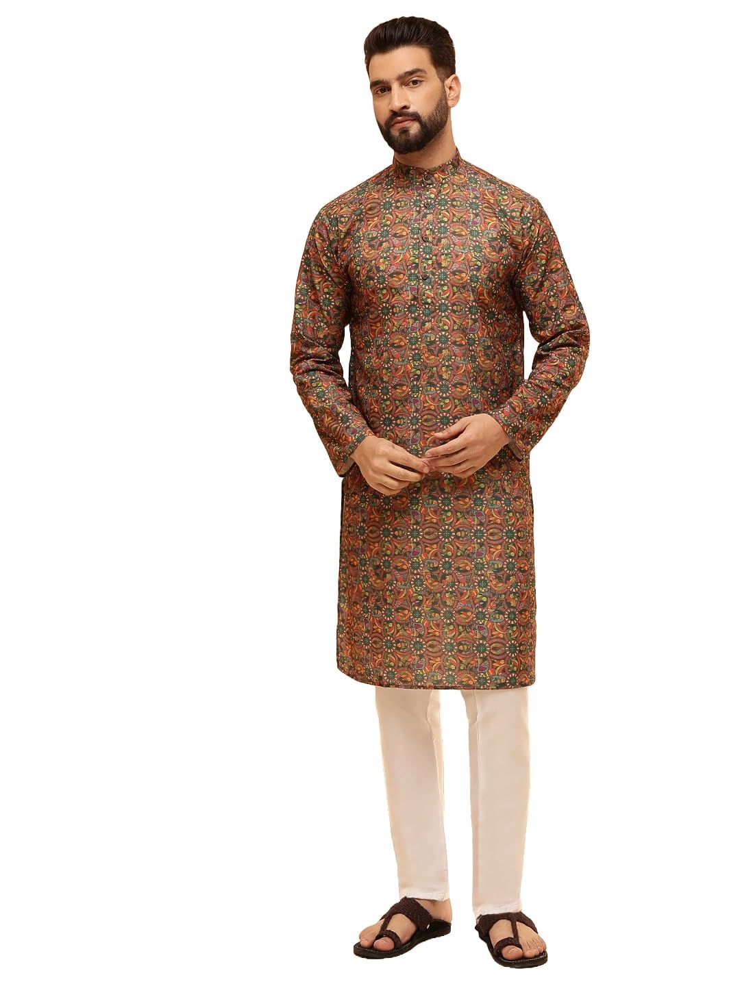 (Since 1958 Men's Cotton Linen Geometric Printed Kurta with White Pyjama