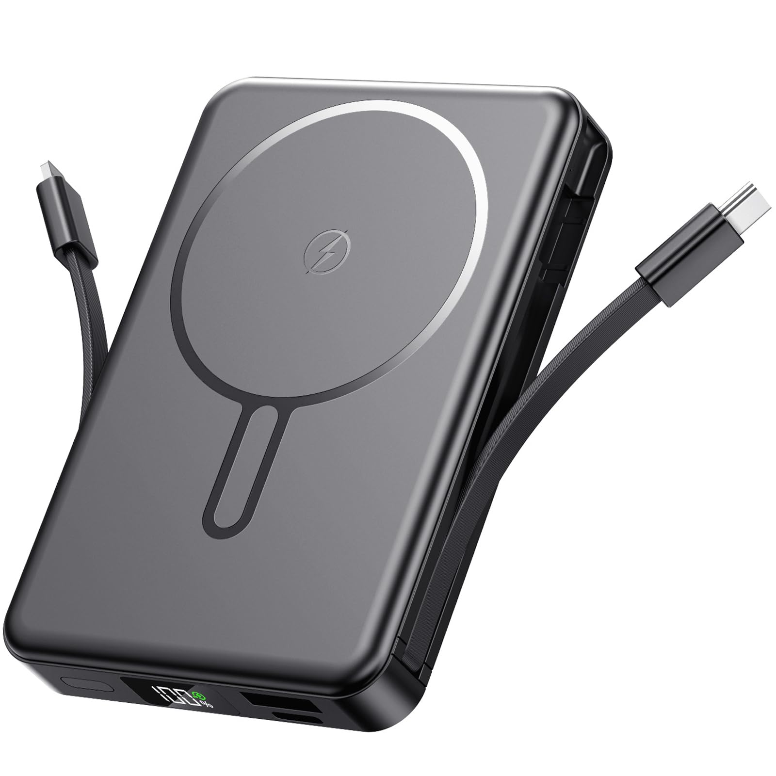 Caricabatterie portatile magnetico, power bank da 10000 mAh con cavi integrati, caricabatterie wireless a ricarica rapida da 22,5 W con display digitale a LED, compatibile con iPhone 17/16/15