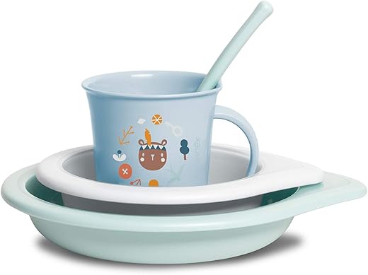 Suavinex, Vajilla para Bebés, Set de Platos de Aprendizaje, +6 Meses, Vajilla Infantil Apta Para Lavavajillas y Microondas. Incluye: Vaso + Plato Llano + Bol + Cuchara. Forest Azul