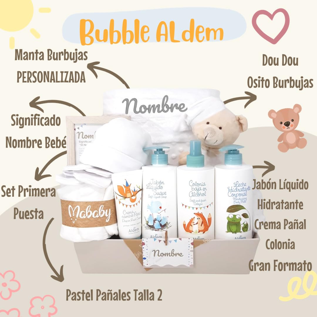 Canastilla Regalo Bebé Personalizada Bubble Aldem con Manta Bordada, Dou Dou, Set de Primera Puesta, Pastel de Pañales, Marco con Significado del Nombre y Set de Higiene para Bebé (Azul)