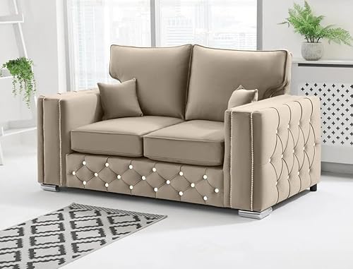 Sofahub Milano Cream Plush Velvet Fullback Sofa Set – Diamond Button Tufted Couch with Foam Cushions | 2 Seater, 3 Seater, 3+2, Armchair, Corner, Footstool & Coffee Table Options (Cream, 2-Seater)