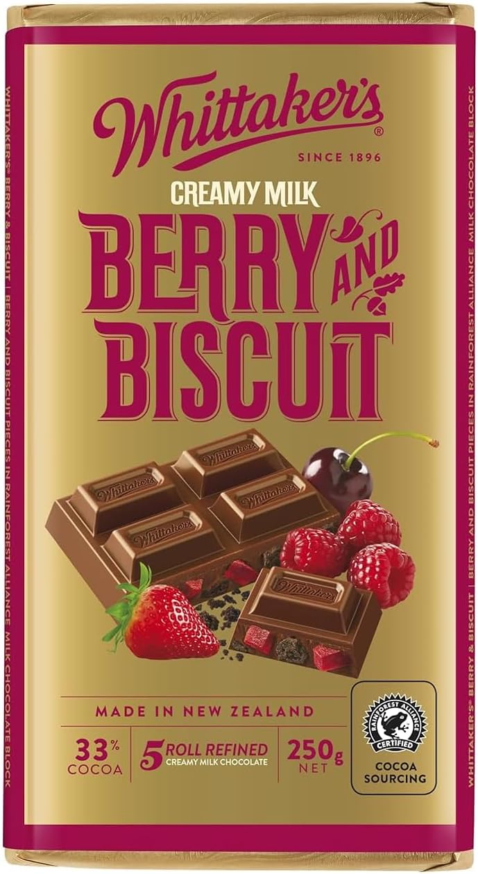Classic Block, Crafting New Zealand’s finest chocolate since 1896, Imported from New Zealand (Pack of 1, Berry & Biscuit, 33% COCOA • 5 ROLL REFINED, 250G)