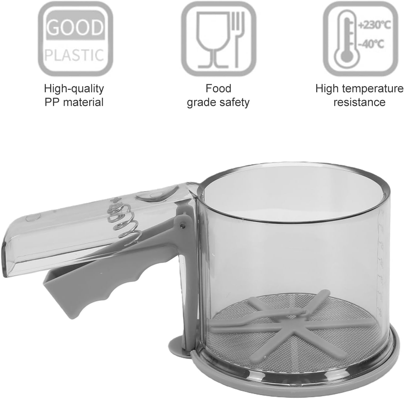 Karlak Flour Sifter Stainless Steel Flour Sifter Sieve Handheld Transparent Cup Press Type Scale Design Bottom Lid Fine Mesh for Kitchen Baking (Single Layer)