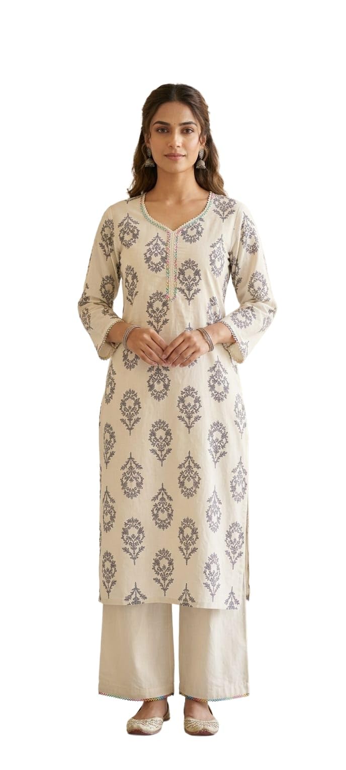 Indian Spark Women's Kurta Palazzo Set, Off White, Floral Block Print, Cotton, 3/4 Sleeve, Knee Length, with Lace Trim-picture-43
