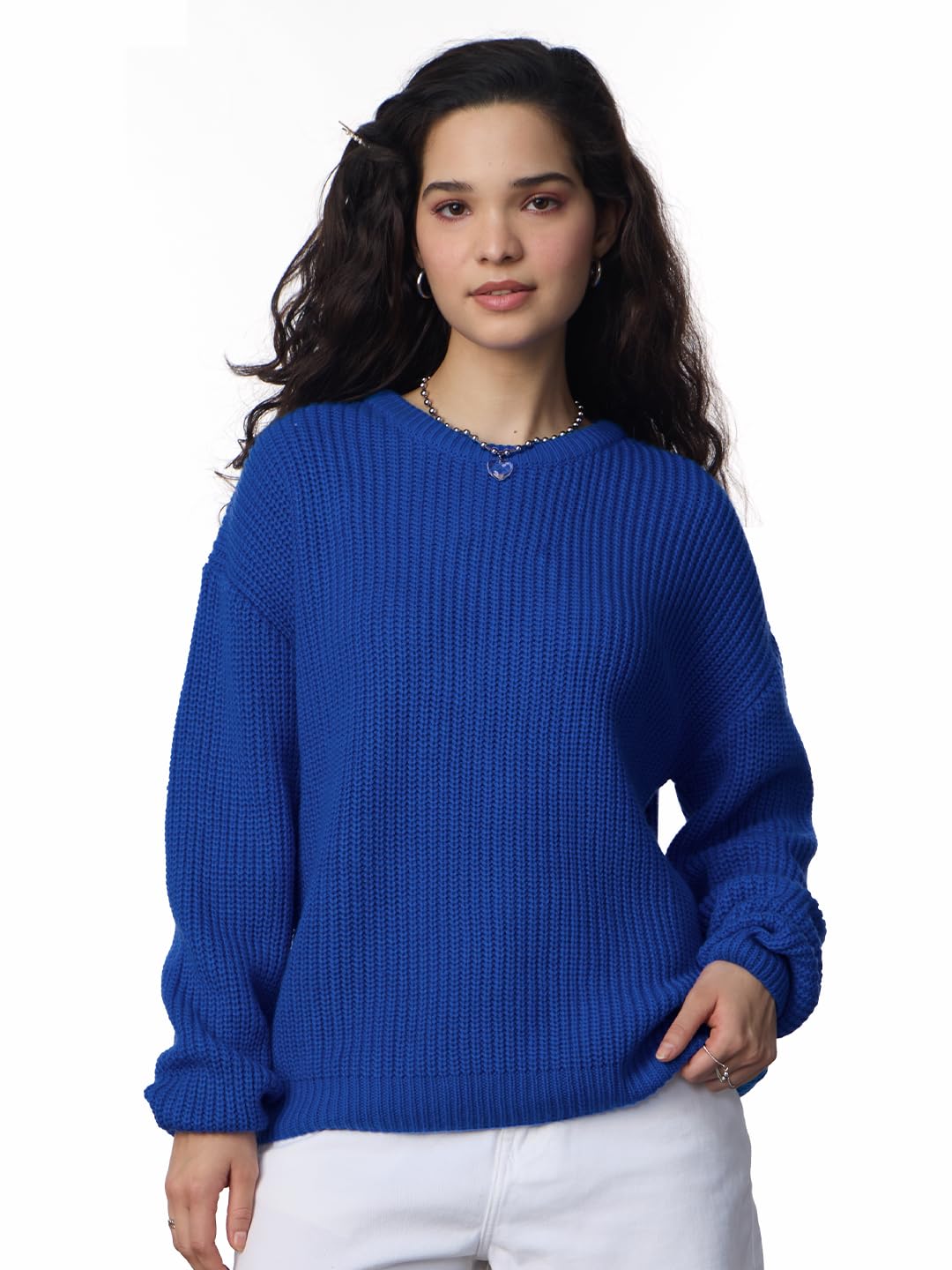 the souled store Knitted Sweater: Royal Blue Women and Girls Long Sleeves Round Neck Solid Pull Over Acrylic Oversized Sweaters-picture-37