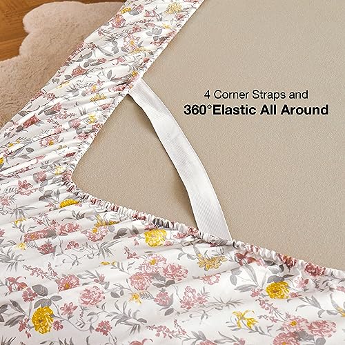 Image of Viviland Floral Twin XL Sheet Set - 3 Piece Vintage Pink & Yellow Flower Patterned Bed Sheets - Soft, Breathable Microfiber Sheets with Deep Pocket, Non-Slip Fitted Sheets & Pillowcases