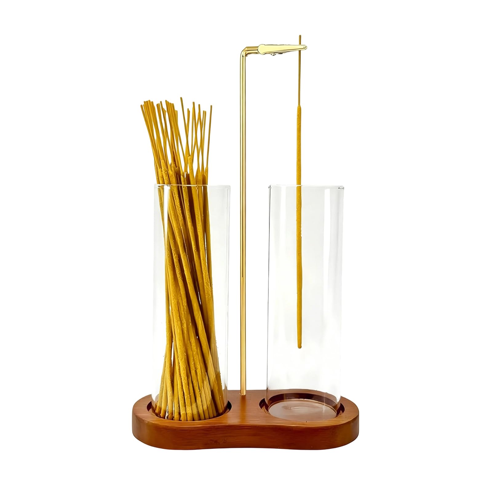 Insence Holder Wooden Upside Down Incense Holders for Sticks with Glass Ash Catcher, Insensé Burner Agarbatti Stand for Meditation (Double Glass Tube 8 Shaped Base)