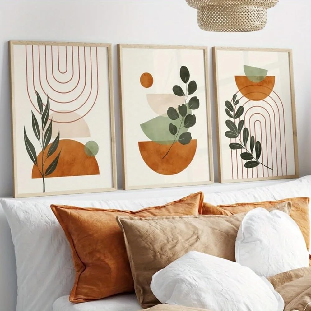 Canvas Prints Poster Bohemian Style Plant Wall Art, Medieval Decoration Sage Green Geometric Abstract(35x50cm-3Pcs)