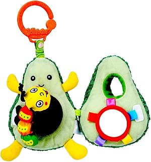 Avocado Stroller Toy with Peekaboo Caterpillar and Mirror, Soft Hanging Rattle & Crinkle Set, Sensory Plush Rattle Toy, Caterpillar Eating Avocado
