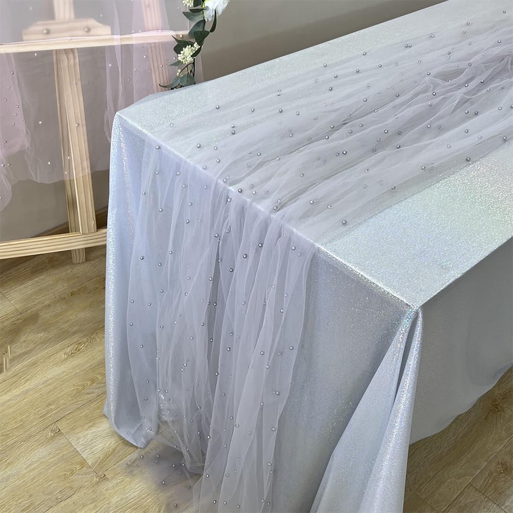 GORGECRAFT 160cm x 2 Yards Pearl Tulle Fabric Beaded Mesh Fabrics Soft Nylon Lace Net Cloth Wedding Accessories for Bridal Veil Party Dresses DIY Crafts Home Tablecloth Backdrop Arch Decor - Image 4
