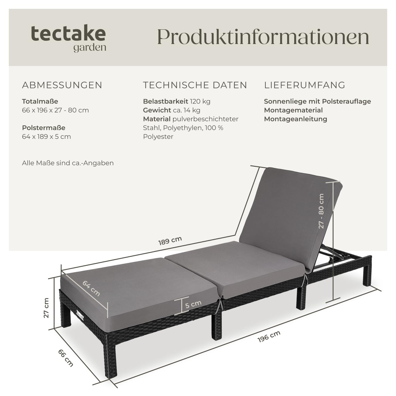 tectake® Polyrattan Sonnenliege mit 6-Fach höhenverstellbarer Rückenlehne, Outdoor Daybed mit bequemer Polsterauflage, Gartenliege Rattan für drinnen und draußen, pflegeleicht und stabil - schwarz