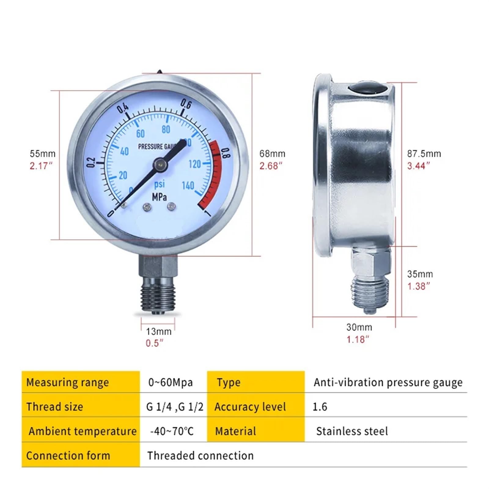 Manómetro hidráulico de Acero Inoxidable de 100 mm para Aceite de glicerina, 0-60 MPa, antivibración, para Aire y Agua, G1/4 G1/2 (Color: Media rosca-01, tamaño: 0-0,6 MPa)