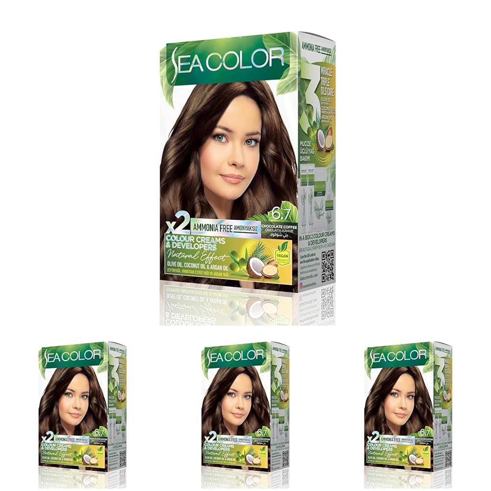 SEA COLOR Amonyaksız, Vegan, Doğal, Besleyici Kalıcı Saç Boyası%100 Beyaz Kapama (1 PAKET 2 x 50 ml Boya & OKSİDAN) (Çikolata Kahve 6.7) (4 paketi)