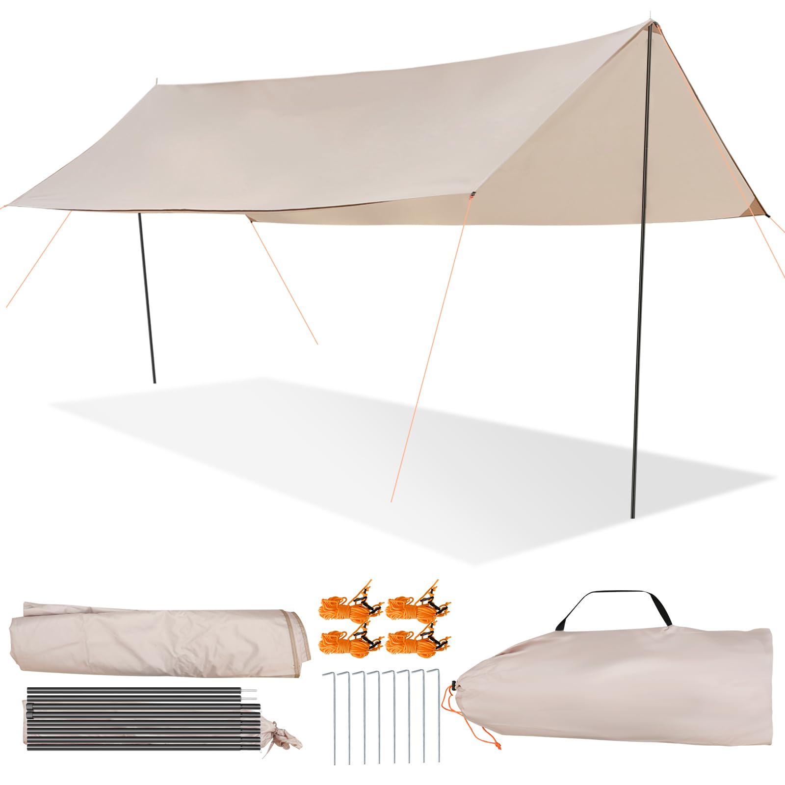 Camping Tarp with Poles, 10 x 16.4 ft Large Camping Awning, Waterproof Tent Tarp, Picnic, Beach, Outdoor Activities, Hammock, Garden, Car