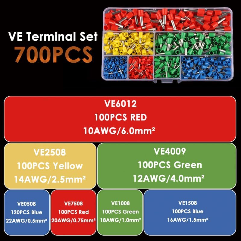 300/700Pcs Boxed VE Electrical Wire Connector Insulated Crimp Terminal Assortment Wire Terminal Connector Cable Terminal(No Tools 300PCS)