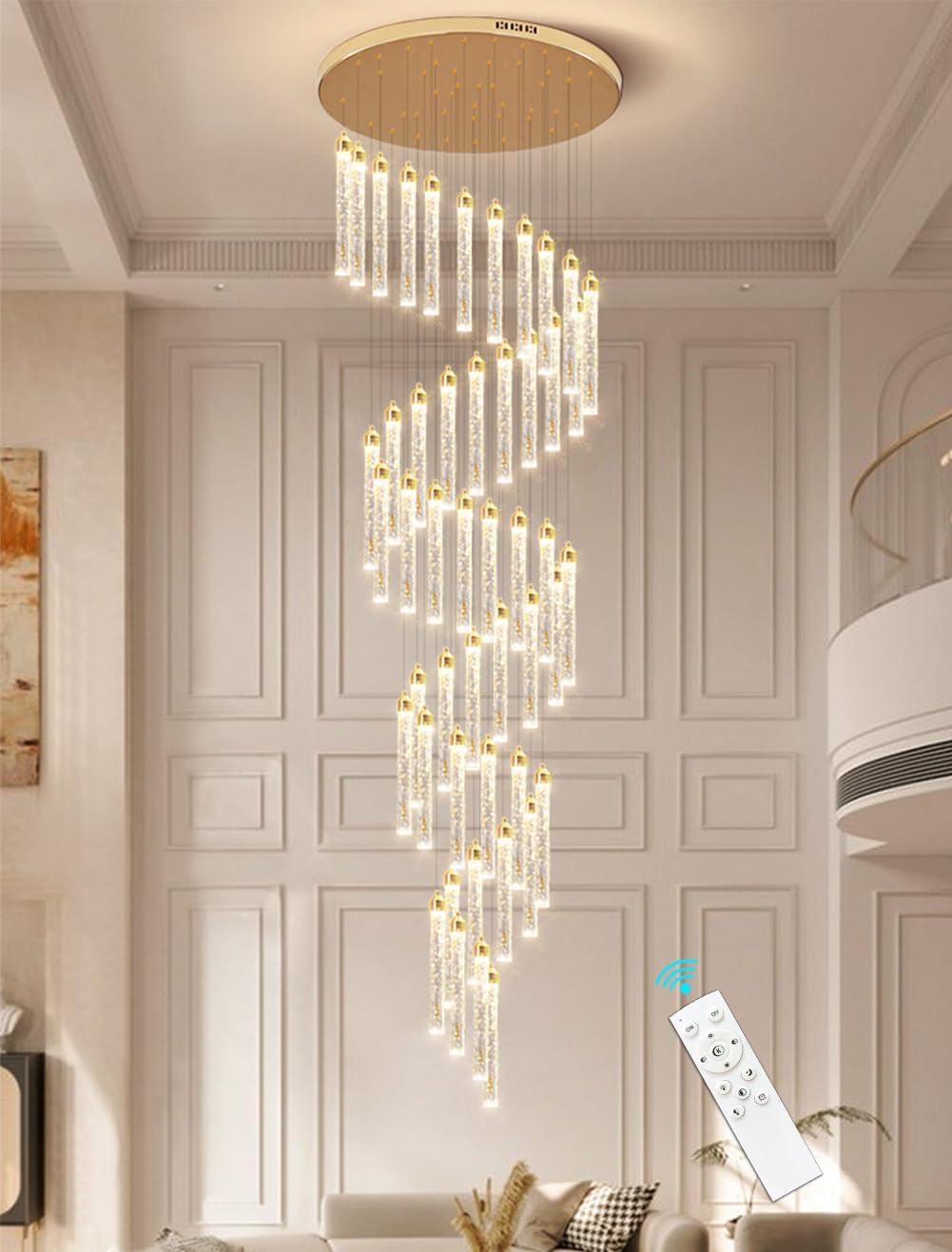 kaixunl 30-Lights High Ceiling Chandelier Modern LED Chandelier for Living Room Dimmable Spiral Crystal Chandelier for Entryway Staircase Foyer Hallway Dining Room Bubble Hanging Light Fixture Gold