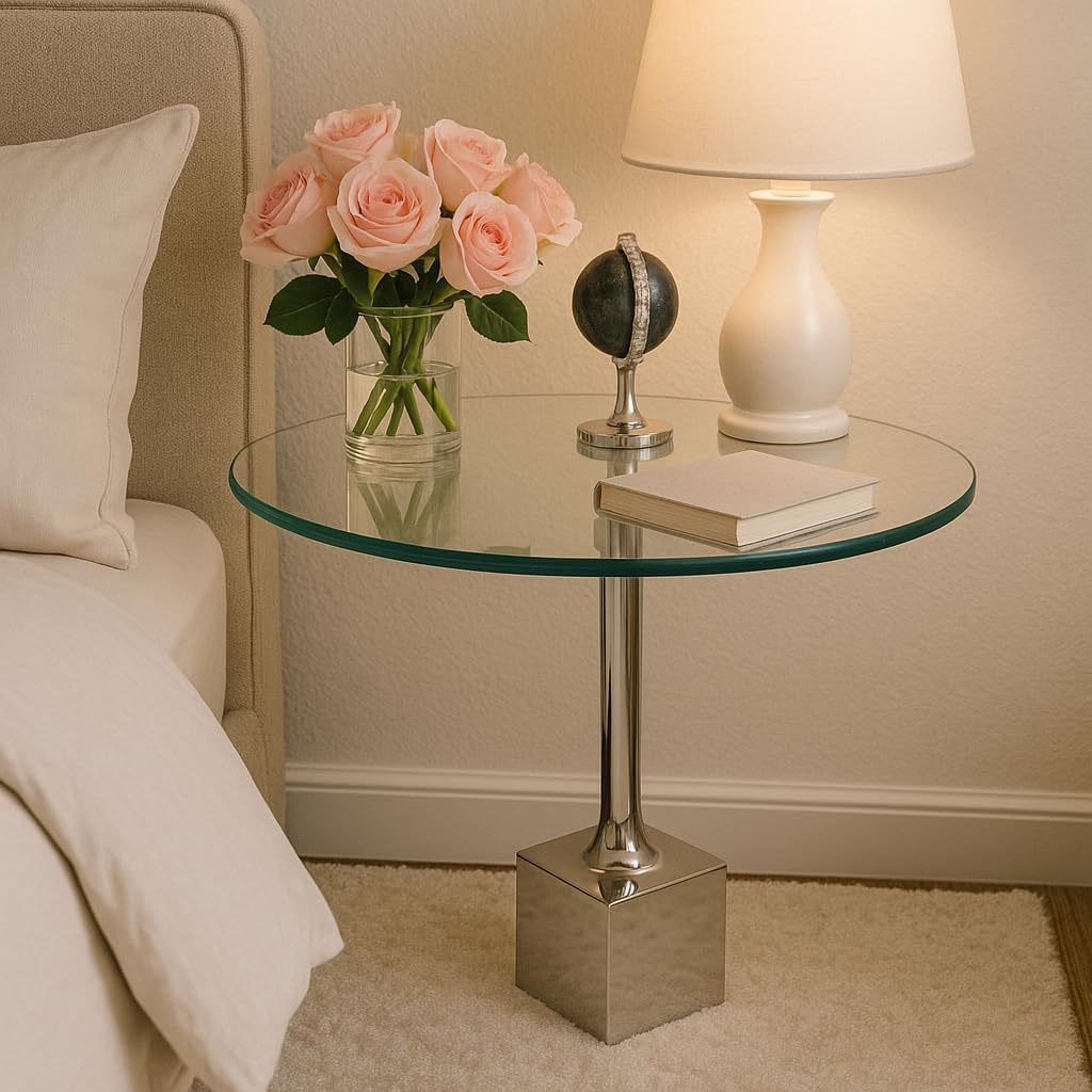Home Decor End Table, Side Table, or Night Stand - Artistic Glass Bedside Table with Geode Accent Perfect for Small Spaces - Everyday Luxury for Your Office, Living Room, or Bedroom Decor - 23" Silver